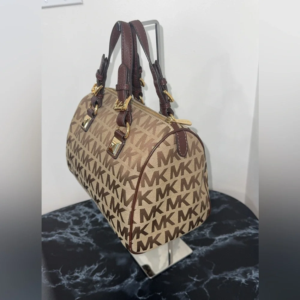 Michael Kors Handbag GRAYSON Khaki/Brown Signature Jacquard Authentic - Picture 5 of 10